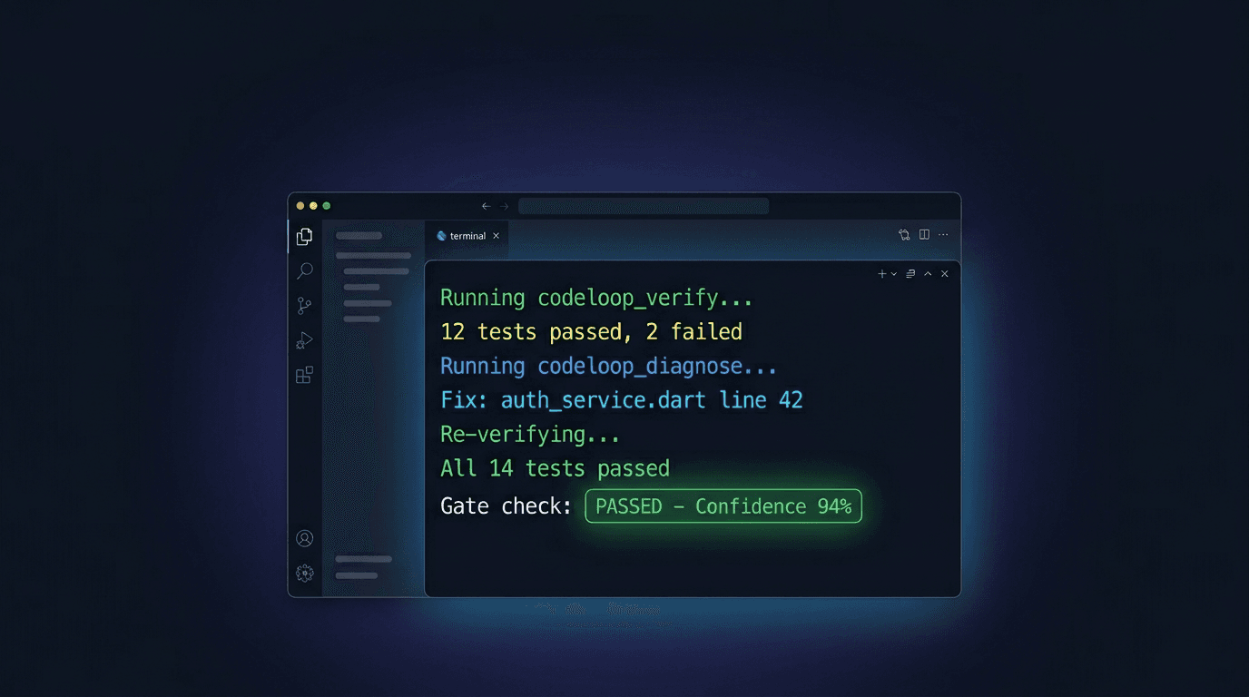 CodeLoop running an automated verify-diagnose-fix loop in a code editor